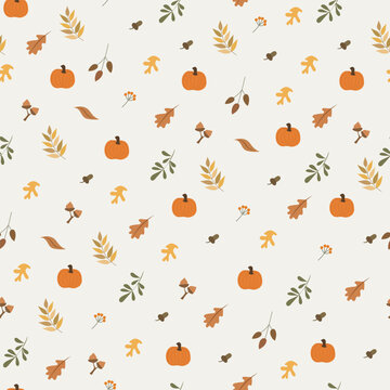 Vector colorful autumn natural seamless pattern with fall leaves, fruits, pumpkins and leafs. Seamless background. November.