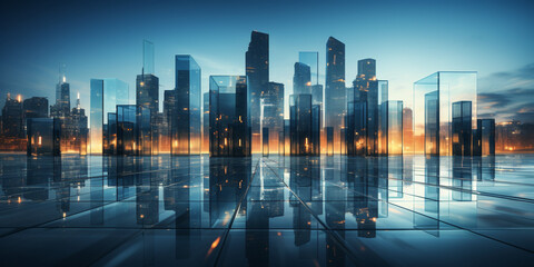 Modern futuristic city, Tall Building, Skyscraper business office, Reflective high-rise buildings on Glass Walkway