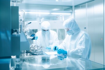 Fototapeta premium In an industrial pharmaceutical factory, professionals in clean white uniforms work with advanced technology and machinery.Creation of innovative medicines and vaccines.