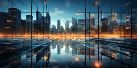 Modern futuristic city, Tall Building, Skyscraper business office, Reflective high-rise buildings on Glass Walkway - obrazy, fototapety, plakaty