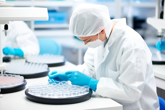 In an industrial pharmaceutical factory, professionals in clean white uniforms work with advanced technology and machinery.Creation of innovative medicines and vaccines.