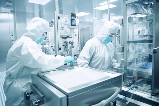 In an industrial pharmaceutical factory, professionals in clean white uniforms work with advanced technology and machinery.Creation of innovative medicines and vaccines.
