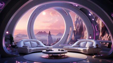 Futuristic room with sofa and table on Mars. Generative AI.