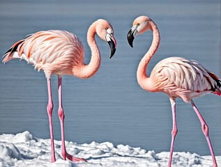 two pink flamingo in winter with copy space