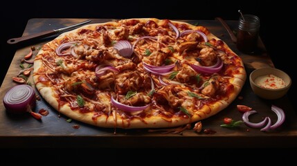  a pizza with onions, meat, and sauce on a cutting board.  generative ai