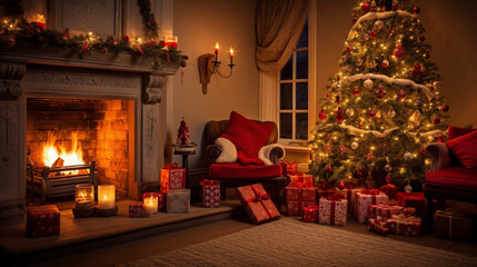 A cozy living room adorned with Christmas decorations and a beautifully lit Christmas tree by a fireplace surrounded by wrapped gifts and presents