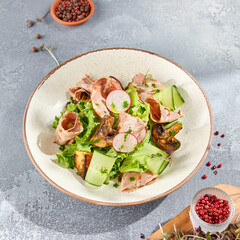 Square frame capturing a healthful salad with baked meat and diverse vegetables. The ceramic plate...