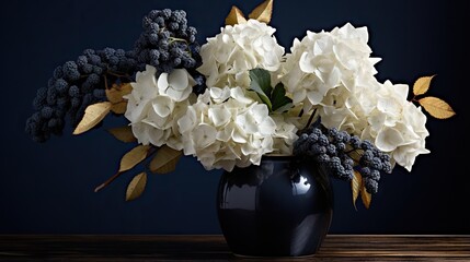  a black vase filled with white flowers on top of a table.  generative ai