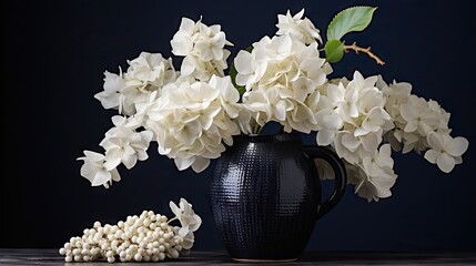  a black vase filled with white flowers next to a pile of beans.  generative ai