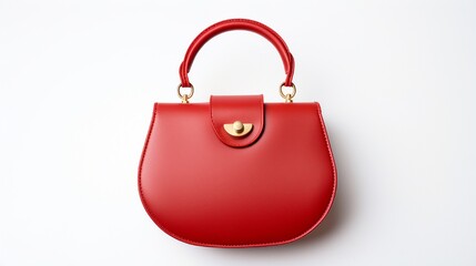 On a white background, there is a red leather purse. Women's accessories that are fashionable. View from the top.
