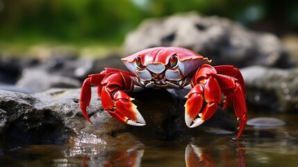 Female red land crab One of the most gorgeous fresh water crabs in the world, found solely on the island.Crabs that are also known as Fire-Red crabs or Waterfalls crabs.  - obrazy, fototapety, plakaty