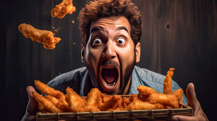 a Surprised expression crate a funny man eating pieces of fried chicken, a male face with expression excited to eat food. Generative Ai