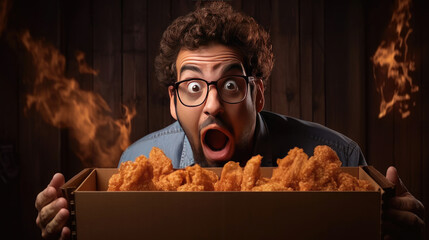 a Surprised expression crate a funny man eating pieces of fried chicken, a male face with expression excited to eat food. Generative Ai - obrazy, fototapety, plakaty