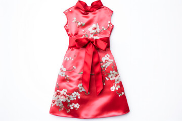 Traditional silk cheongsam dress symbolizing beauty and prosperity isolated on a white background 