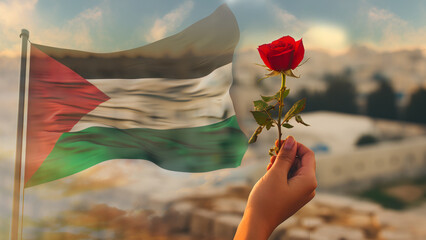 Female hand holding a red rose with the flag of Palestine on the background of the sunset. - obrazy, fototapety, plakaty