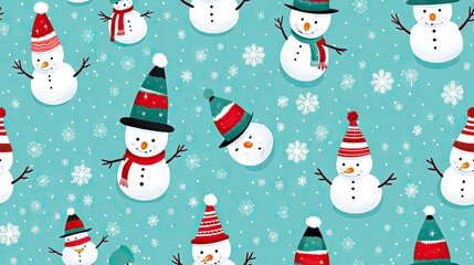  a group of snowmen with hats and scarves on a blue background.  generative ai