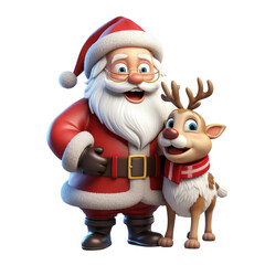 Cute Santa Claus and a reindeer in 3D cartoon style isolated  on transparent background