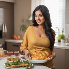 pregnant woman standing at kitchen and cooking healthy food for herself.