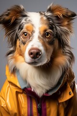 Alert Australian Shepherd dog sitting with its colorful coat, Generative AI