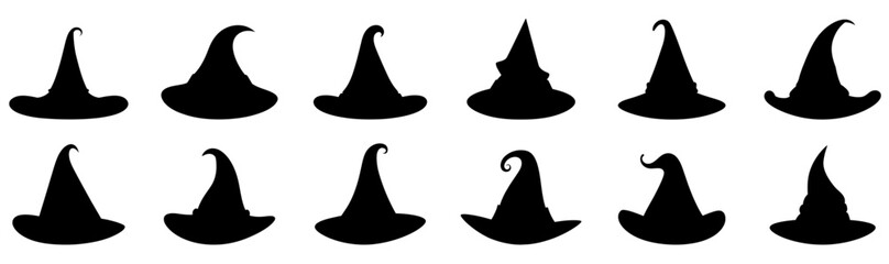 Witch hat icon isolated. Set of Halloween witches hat in flat style. Black witch hat sign. Vector illustration