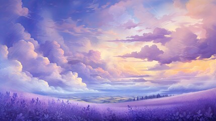  a painting of a purple field with clouds in the sky.  generative ai