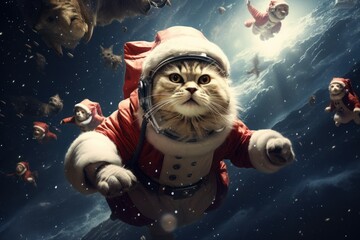 cat dressed as Santa Claus, cat in a New Year's hat, Christmas cat flies across the sky