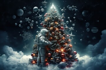 astronaut decorates a Christmas tree in space