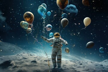 an astronaut celebrates the New Year in space, a Christmas tree in zero gravity, holiday decorations and a Christmas tree in space - obrazy, fototapety, plakaty