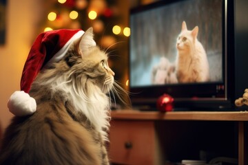 cat in santa claus hat watching tv on christmas eve - obrazy, fototapety, plakaty