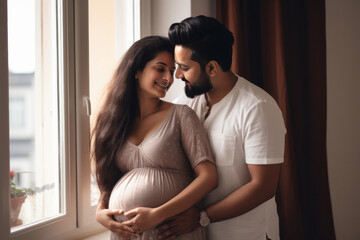 Pregnant woman spending time with her husband at home - obrazy, fototapety, plakaty