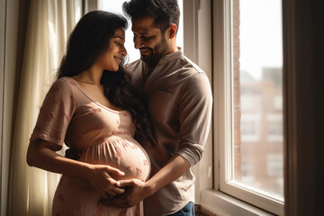 Pregnant woman spending time with her husband at home - obrazy, fototapety, plakaty