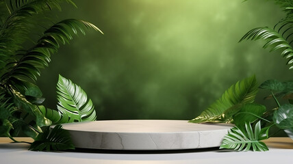 Obraz premium Natural stone and concrete podium in natural green background for product presentation.
