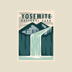 yosemite national park poster vector illustration template graphic design. waterfall in nature with mountain landscaped banner and sign for travel and tourism business concept