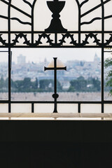 View from the window of the Roman Catholic church Dominus Flevit. Mount of Olives, Jerusalem. Israel. Copy space