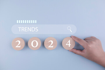 2024 trends search bar with planning and challenge strategy in new year Concept, new year resolution statistics graph rising revenue, planning start-up state, Starting New year 2024 and countdown.