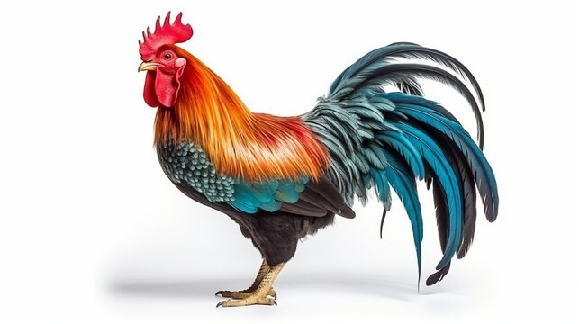 Isolated rooster on a white backdrop. The vibrant Thai's healthy fighting rooster.