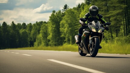A motorcyclist on a sport bike rides down an empty asphalt road. A sport bike.