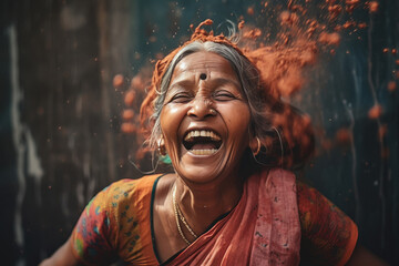 Senior indian woman loudly laughing