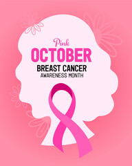 Pink October, Breast cancer awareness month. Campaign banner with pink ribbon background. Vector illustration.