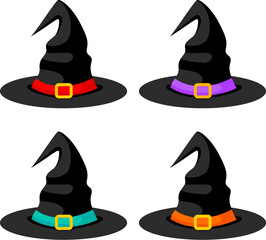 Cartoon witch hats, Halloween party costume elements. Halloween witchcraft party collection. Vector illustration.