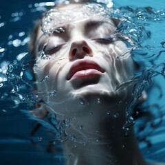 closeup woman face woman swiming in water pool freshness beauty portrait closeup shop - obrazy, fototapety, plakaty