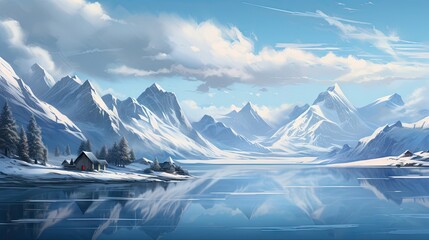  a painting of a snowy mountain landscape with a lake in the foreground.  generative ai