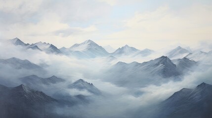  a painting of a mountain range in the clouds with a sky background.  generative ai