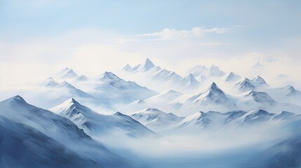 Fototapeta na wymiar a painting of a mountain range in the foggy day. generative ai