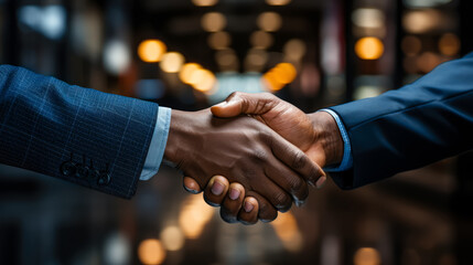 business manager handshaking greeting client in office. Anonymous businessmen shaking hands for a new business. Generative ai.