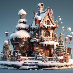 3d rendering of a small winter village surrounded by trees in Christmas day