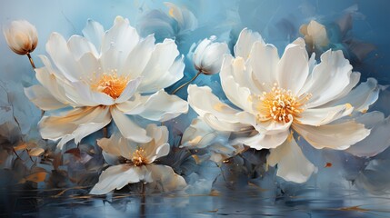  a painting of three white flowers on a blue background with water.  generative ai