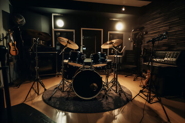 AI generative image of drum set in warm-lit studio