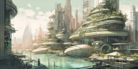 Futuristic city with sprawling infrastructure and intense urban development