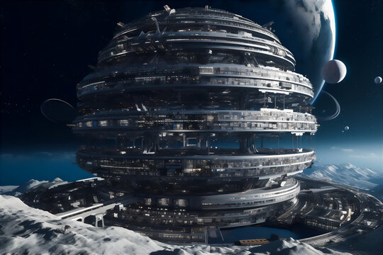 Enormous cosmic hotel or space city on the orbit of a planet